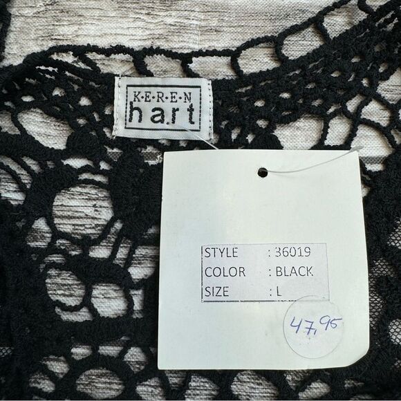Keren Hart Women's Black Open Crochet Lace V Neck Tank Top Overlay L LG Large - Picture 8 of 11